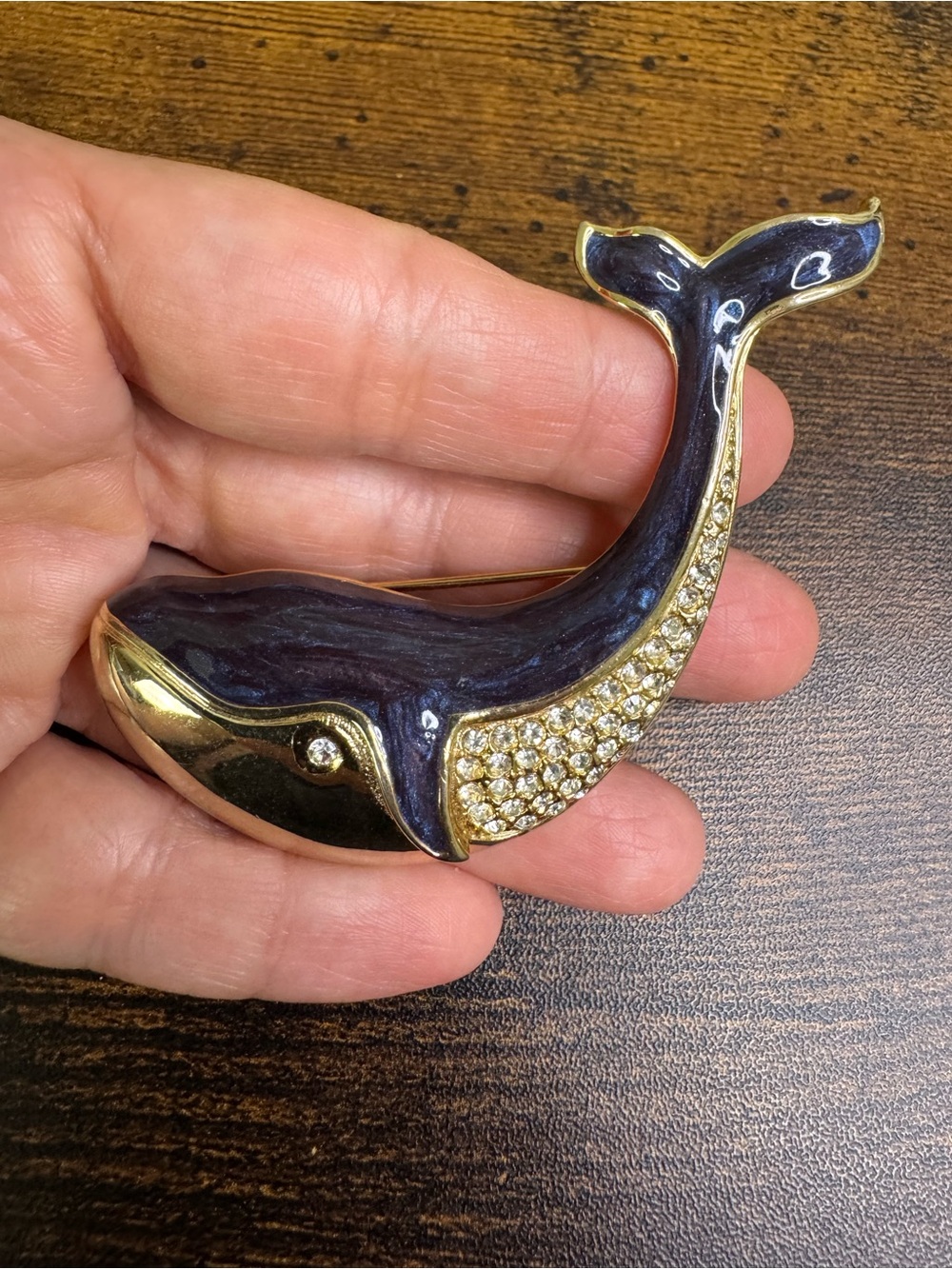 Vintage Gold and Navy Enamel Whale Brooch with Crystal Accents